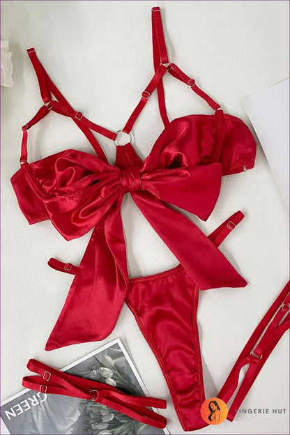 Bra & Thong Lingerie Set with Oversized Bow - Playful Statement - Red / s - All Season • Boudoir • Cutout • Date Night