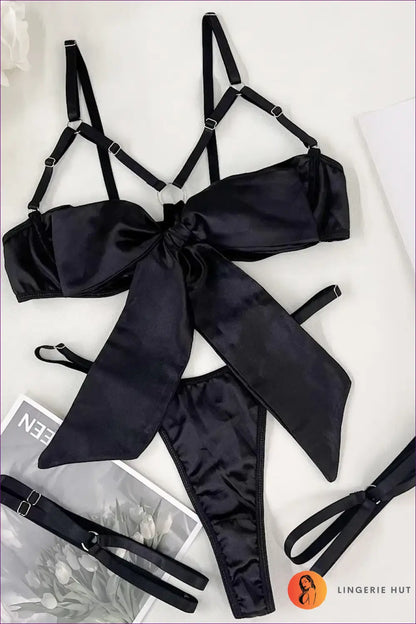 Bra & Thong Lingerie Set with Oversized Bow - Playful Statement - Black / s - All Season • Boudoir • Cutout • Date