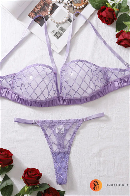 Diamond Mesh Bra Set with Cut-outs - Allure After Dark - s / Purple - Lingerie Hut - All Season • Boudoir • Cutout