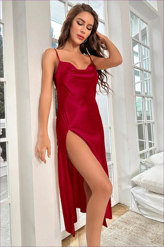 Stay Cool And Chic In This Backless Slit Nightdress Made Of Luxurious Ice Silk Satin. Perfect For Comfortable