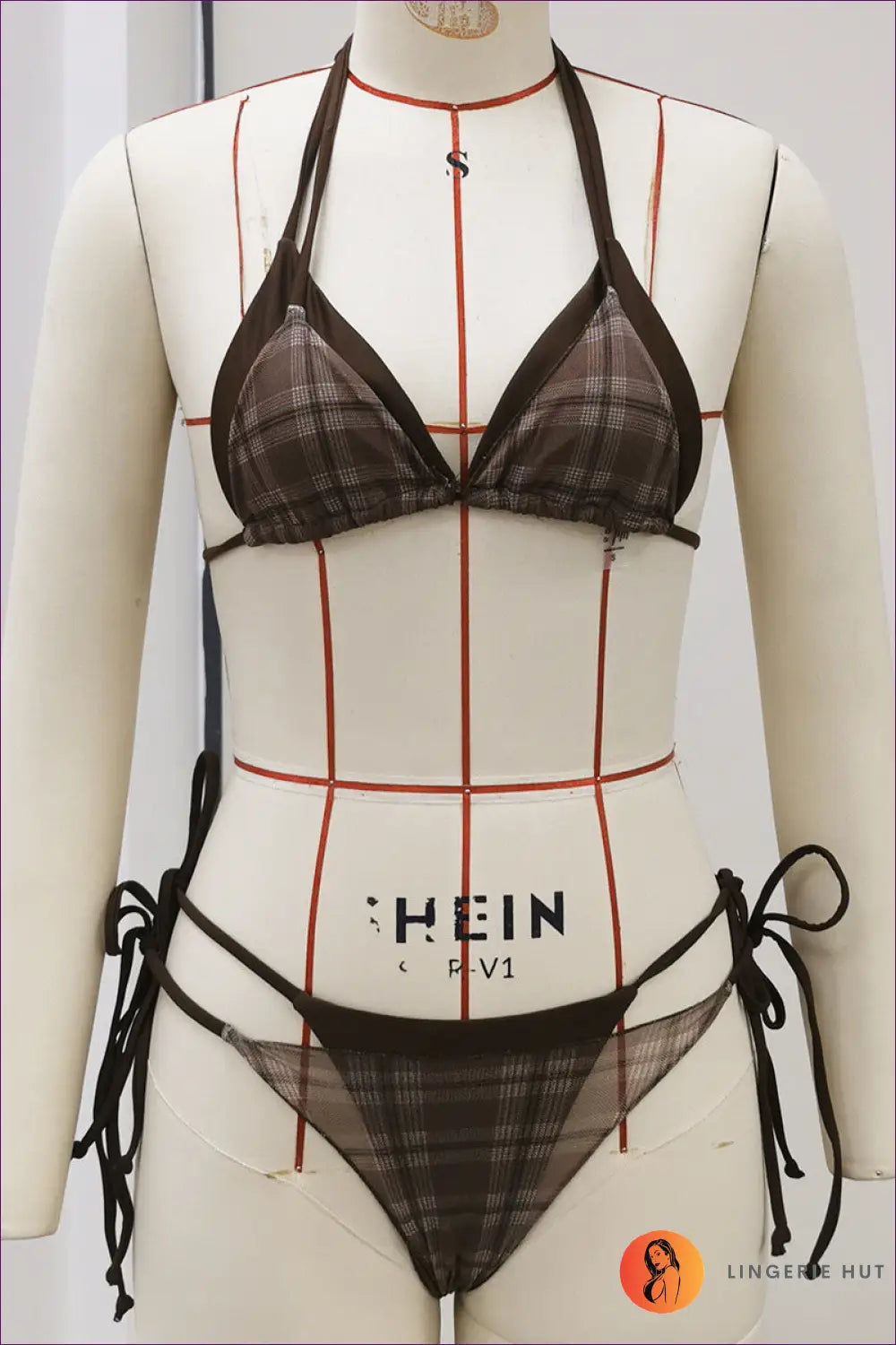 Brown Check Print Triangle Bikini with Halter Ties - Late Summer Days - s / Swimwear - Beachwear • Casual