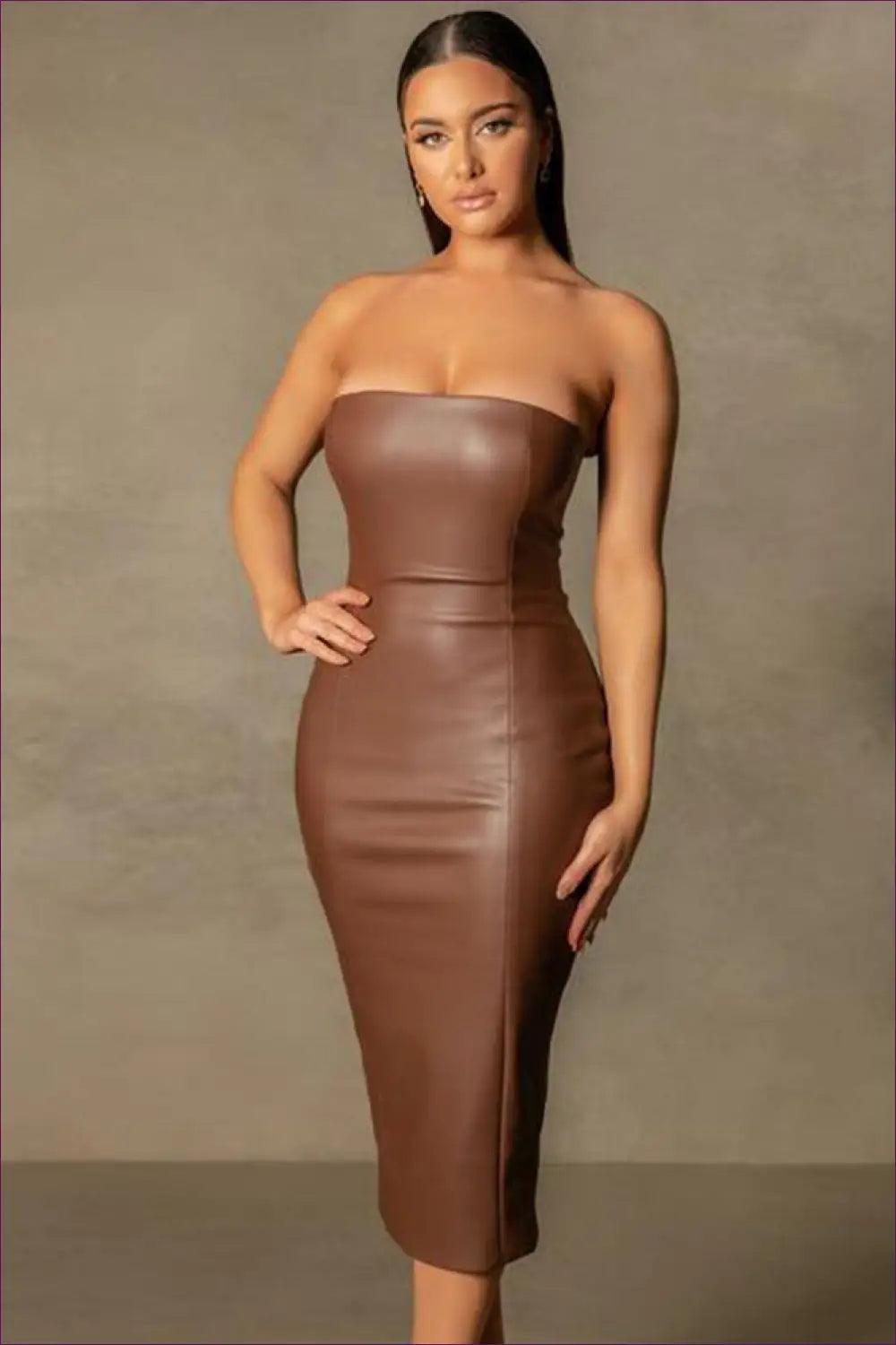 Brown Faux Leather Strapless Midi Dress - Sleek Sophistication for Bodycon, Casual, Dress, Leather,