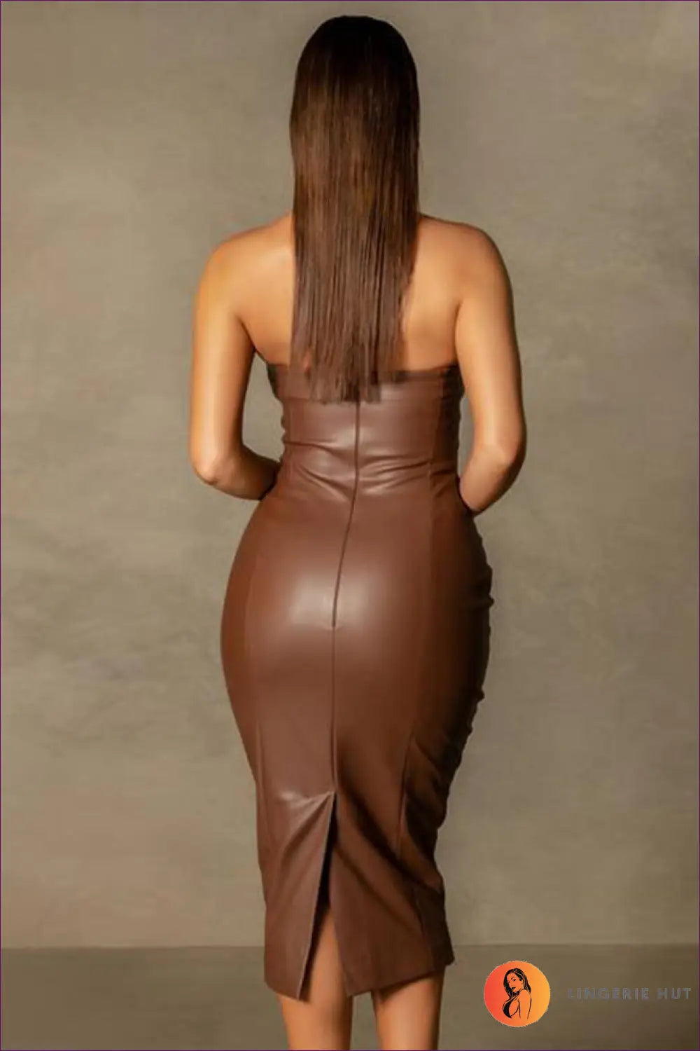 Brown Faux Leather Strapless Midi Dress - Sleek Sophistication for Bodycon, Casual, Dress, Leather,