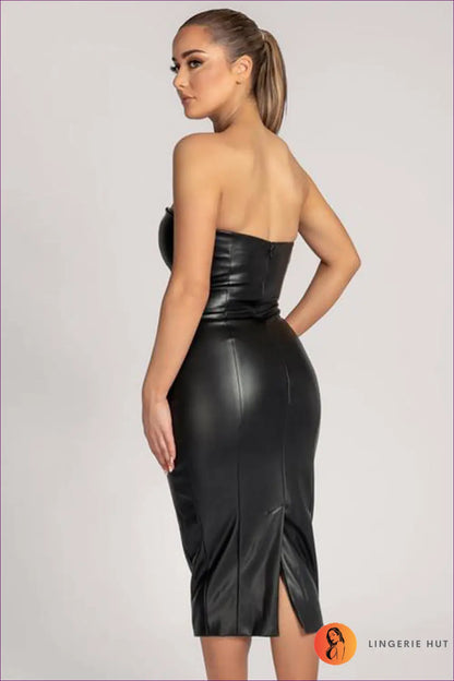 Brown Faux Leather Strapless Midi Dress - Sleek Sophistication for Bodycon, Casual, Dress, Leather,