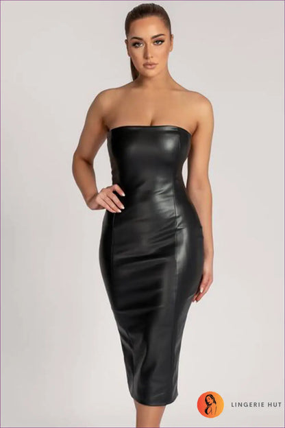 Brown Faux Leather Strapless Midi Dress - Sleek Sophistication for Bodycon, Casual, Dress, Leather,