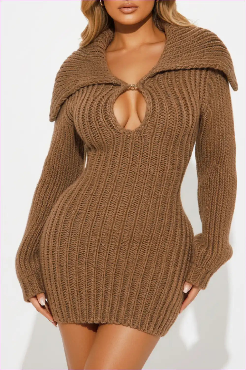 Brown Ribbed Knit Sweater Dress with Lantern Sleeves and Keyhole for Autumn, Bodycon, Casual, Cutout, Date