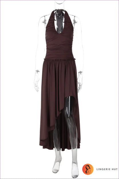 Brown Ruffle-waist Halter Midi Dress with Asymmetric Hem - Night out - s / Maxi - Date • Dresses • Evening Wear