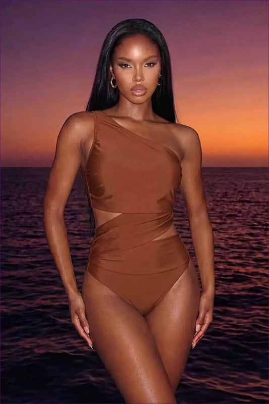 Khaki One-shoulder Swimsuit with Sheer Waist Cutout - Sunset Hour - Beachwear • Glamour • just in • Mesh - Lingerie Hut