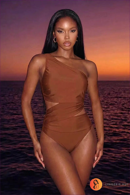 Khaki One-shoulder Swimsuit with Sheer Waist Cutout - Sunset Hour - Xs / Beachwear • Glamour • just in • Mesh