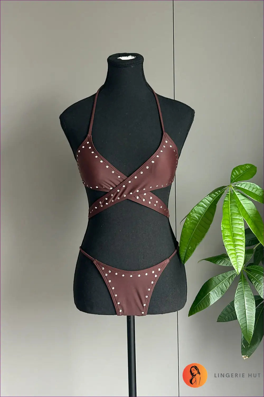 Brown Studded Wrap Bikini Set with Halter Tie - Cave Pool Hours - s / Beachwear • Boho • just in • Sexy • Summer