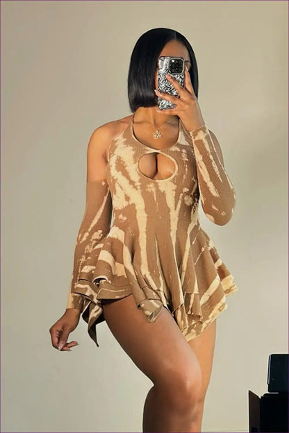 Brown Tie-dye Cutout Dress - Trendy & Flirty for Clubwear, Cutout, Dress, Mini, n