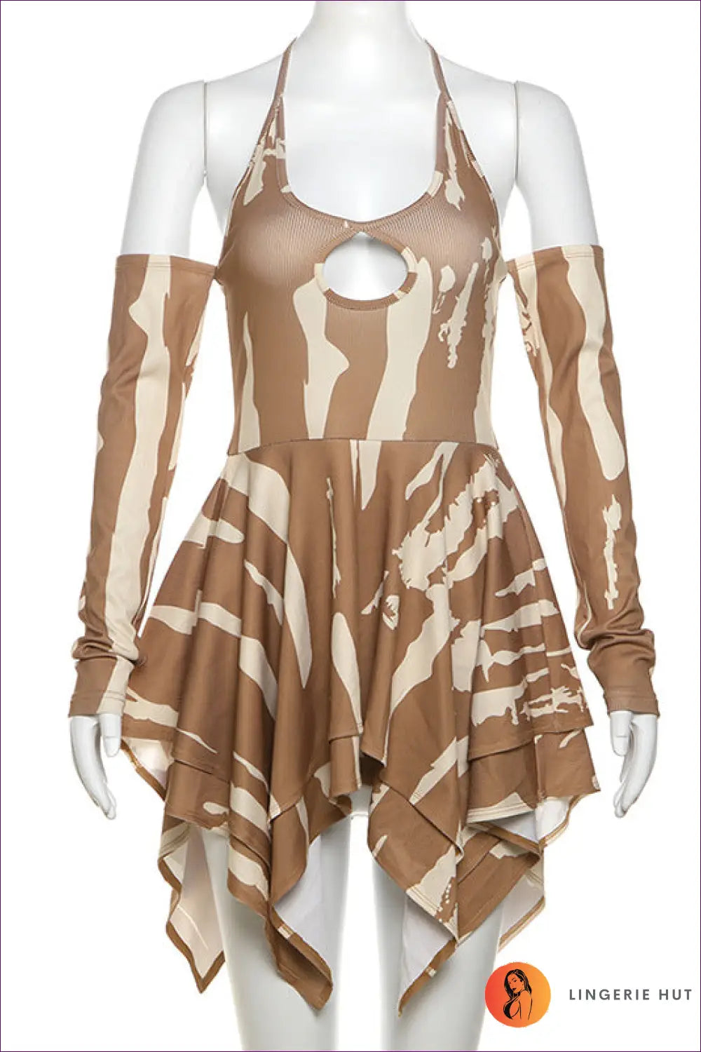 Brown Tie-dye Cutout Dress - Trendy & Flirty for Clubwear, Cutout, Dress, Mini, n