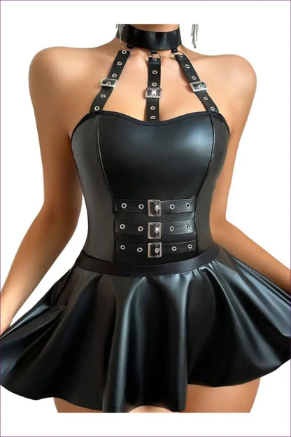Buckle Harness Mini Dress with Flared Skirt - Edgy Night out - Clubwear • Cutout • just in • Leather - Lingerie Hut