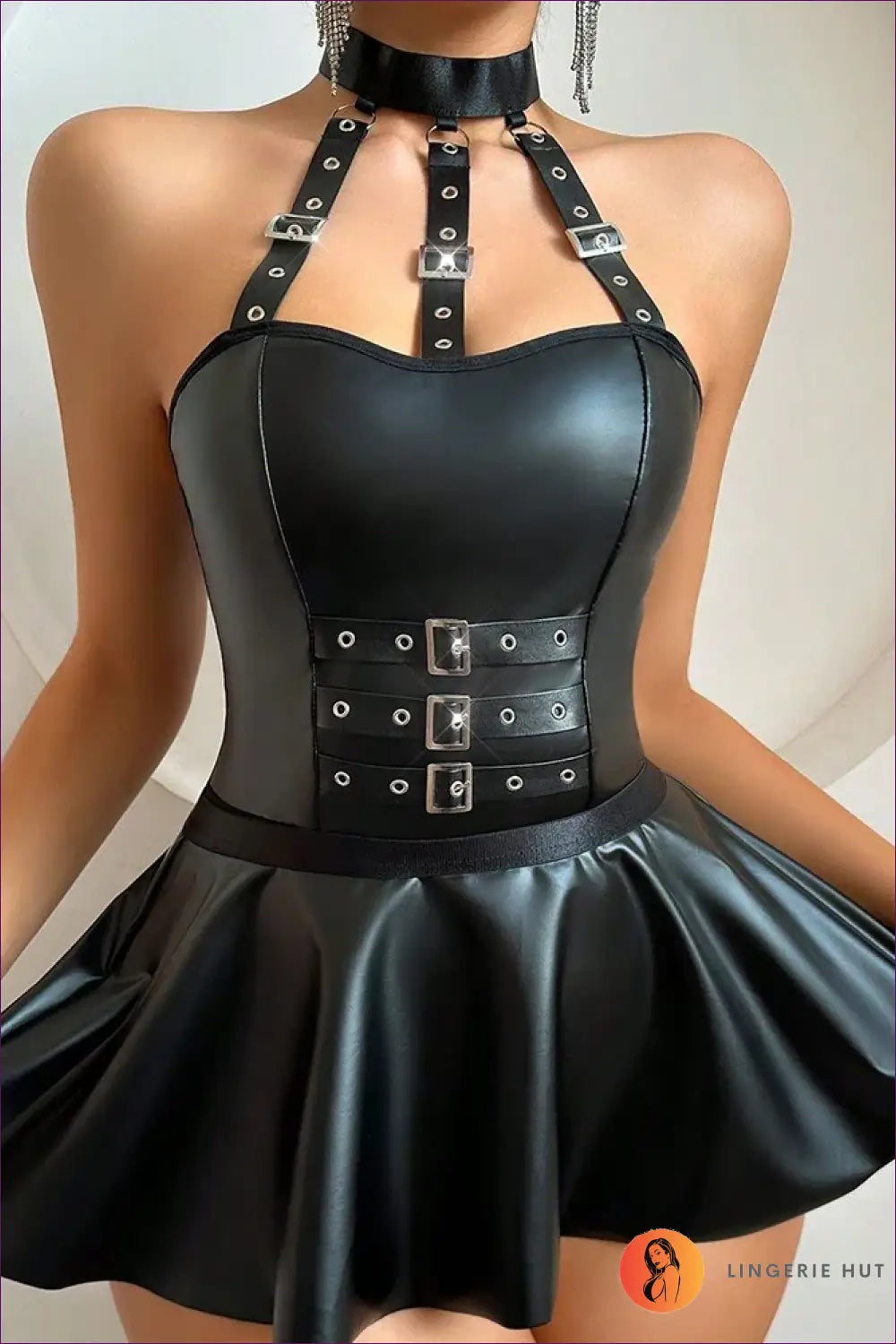 Buckle Harness Mini Dress with Flared Skirt - Edgy Night out - Black / s / China Mainland - Clubwear • Cutout