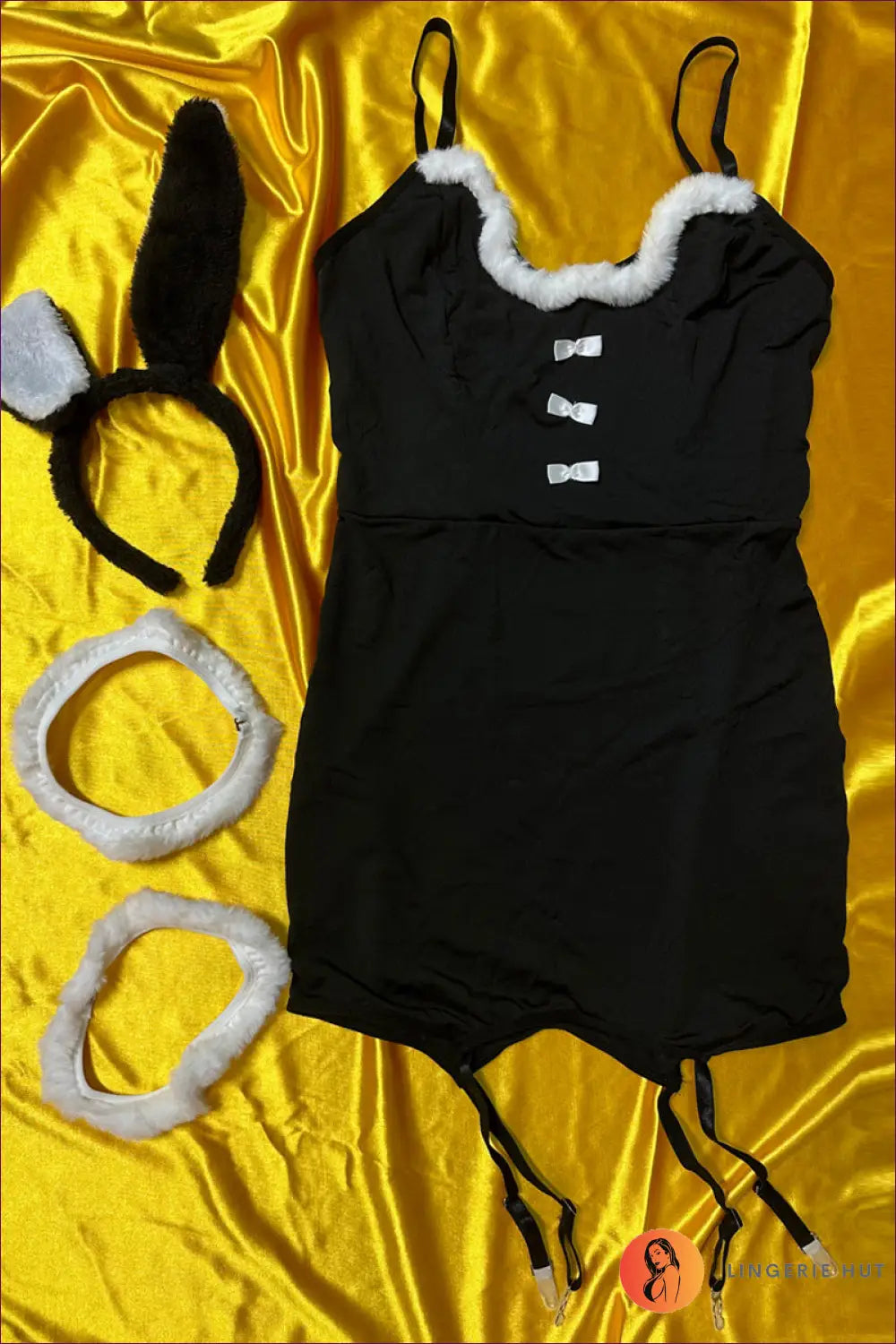 Bunny Costume with Faux Fur Trim - Winter Party Edition - s / Black - Babydoll - Lingerie Hut - Garter • Mini