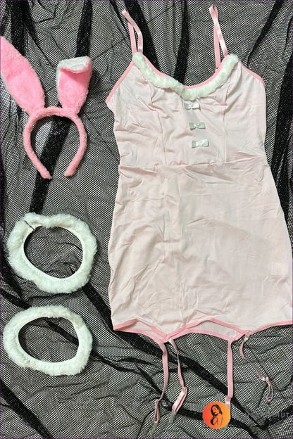 Bunny Costume with Faux Fur Trim - Winter Party Edition - s / Pink - Babydoll - Lingerie Hut - Garter • Mini