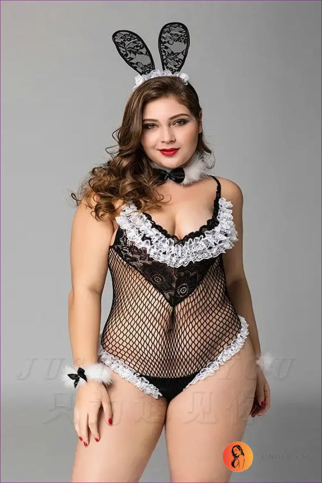 Bunny Costume with Fishnet Lace Bodysuit - Bold Confidence