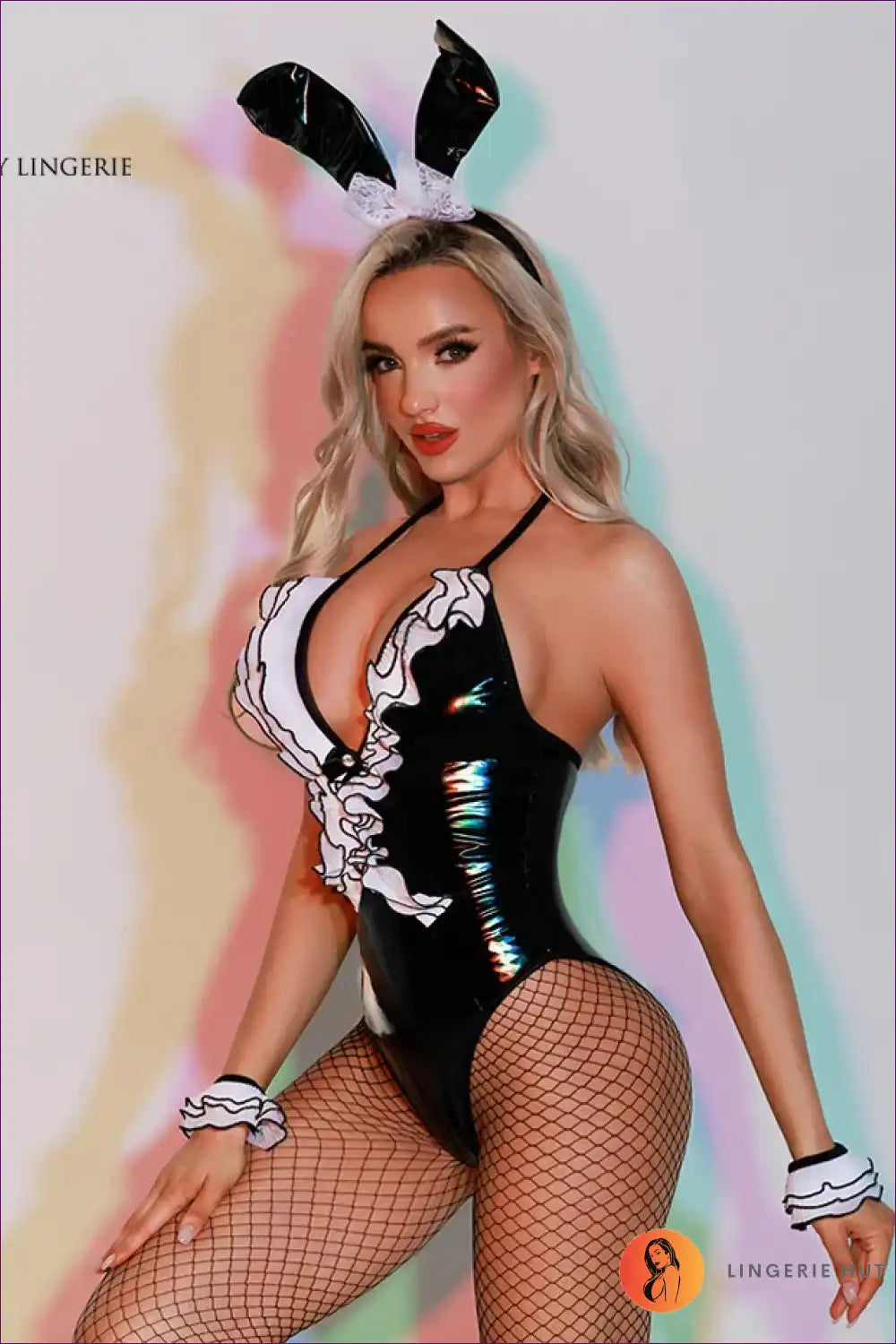 Bunny Costume with Glossy Bodysuit - Confident Party Icon for Bodysuit, Boudoir, Bunny, Clubwear,