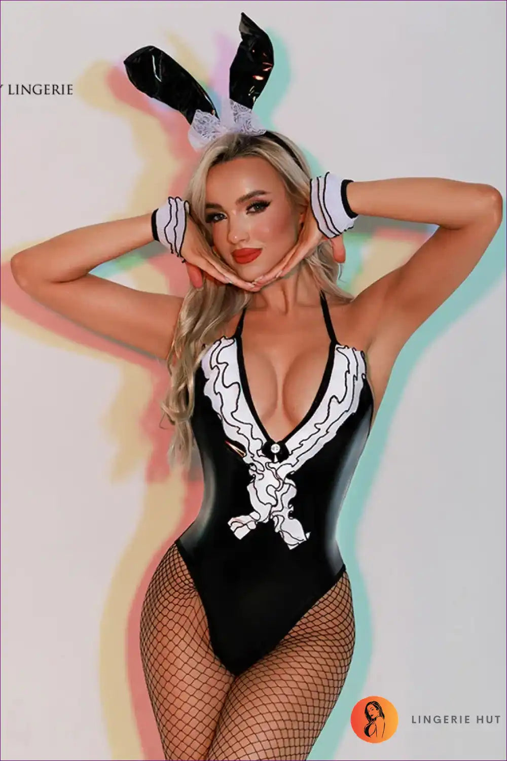Bunny Costume with Glossy Bodysuit - Confident Party Icon for Bodysuit, Boudoir, Bunny, Clubwear,