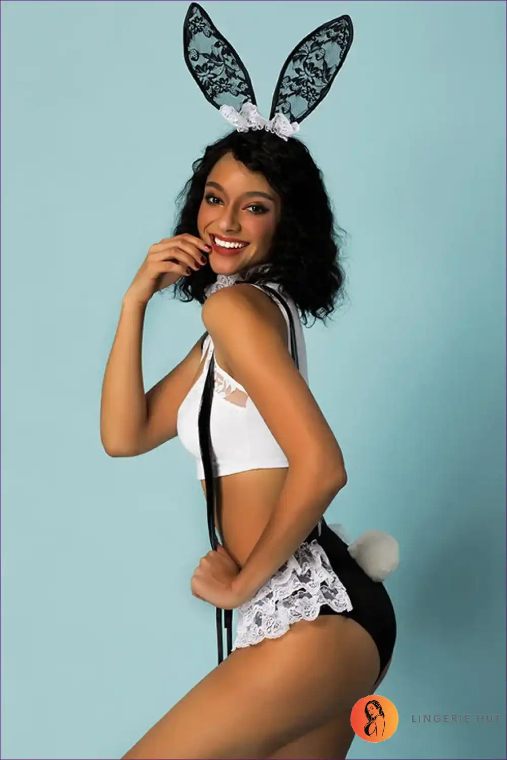 Bunny Costume with Lace Suspenders - Playful Party Fantasy for Boudoir, Bunny, Choker, Costume, Crop