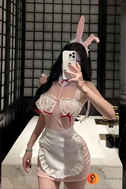 Bunny Maid Costume with Sheer Lace & Apron - Cosplay Daydream for Boudoir, Bunny, Costume, Garter, Halloween