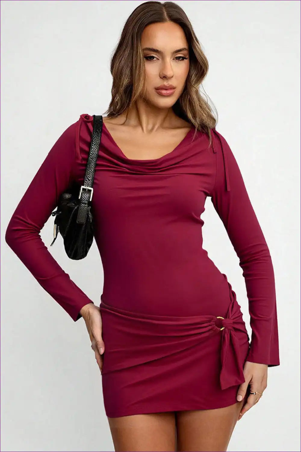 Burgundy Cowl Neck Bodycon Dress with Ring Detail for Autumn, Bodycon, Clubwear, Dress, Evening Wear