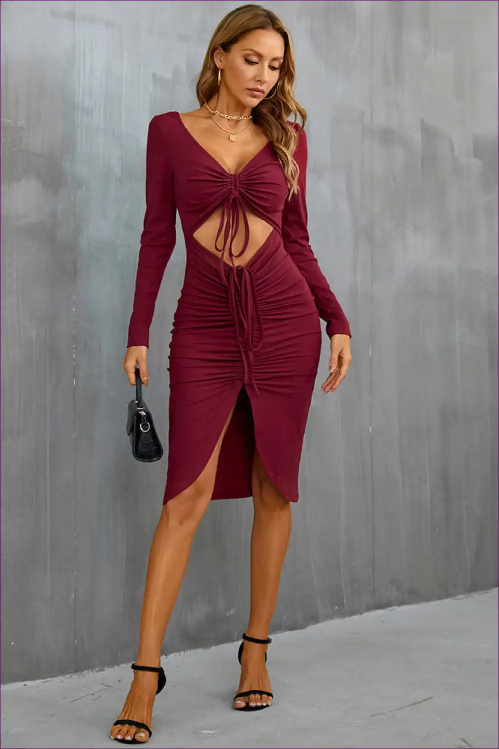 Burgundy Cutout Drawstring Midi Dress with Long Sleeves and Front Slit for Autumn, Bodycon, Cutout, Dress,