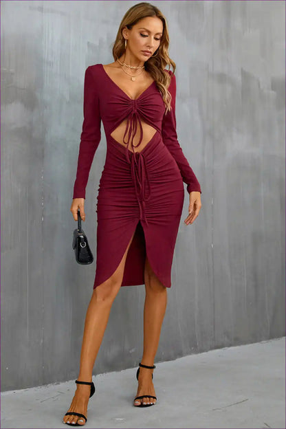 Burgundy Cutout Drawstring Midi Dress with Long Sleeves and Front Slit for Autumn, Bodycon, Cutout, Dress,