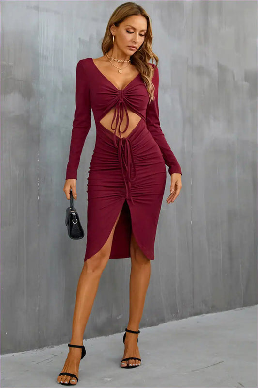Burgundy Cutout Drawstring Midi Dress with Long Sleeves and Front Slit for Autumn, Bodycon, Cutout, Dress,