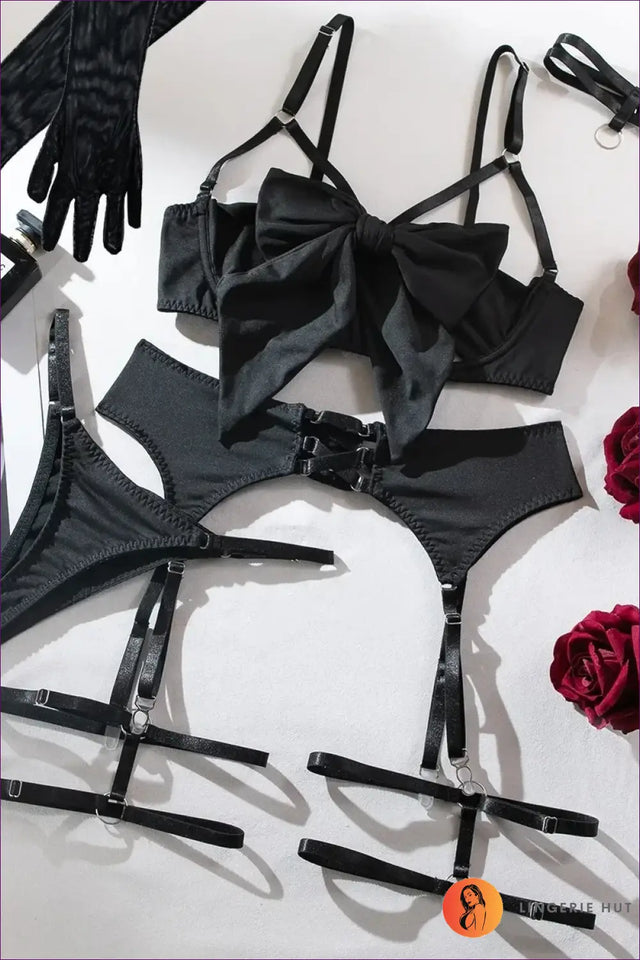 Burgundy Satin Harness Lingerie Set - Strappy Bow Bandeau