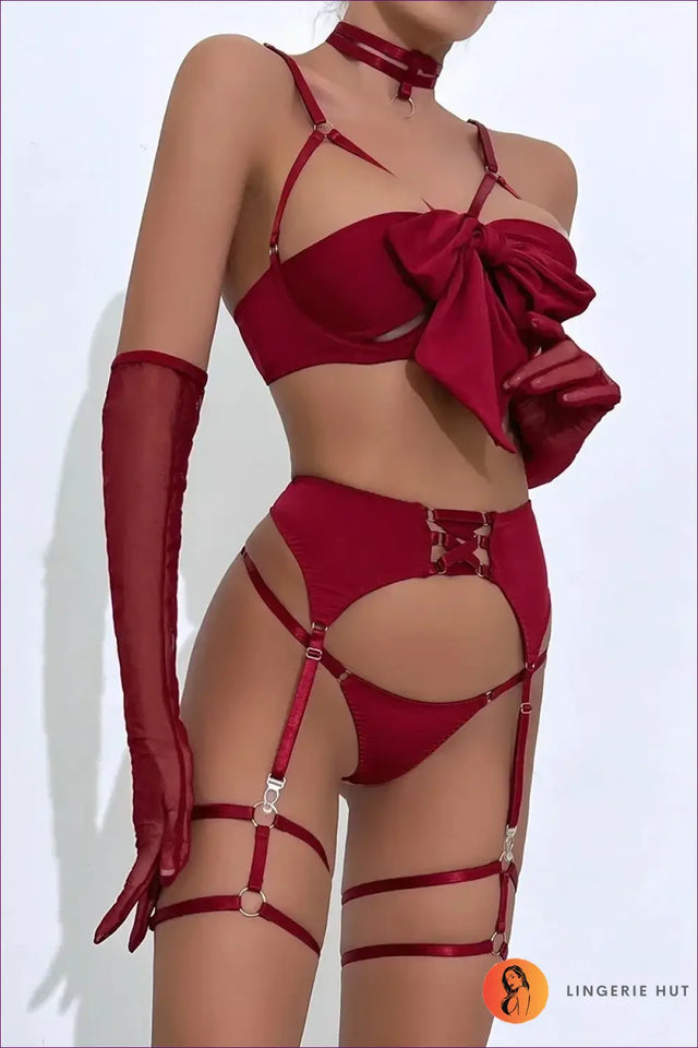 Burgundy Satin Harness Lingerie Set - Strappy Bow Bandeau