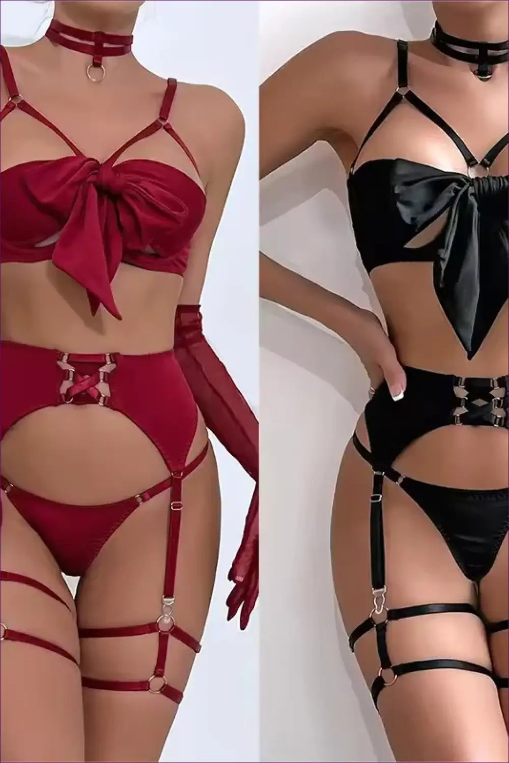 Burgundy Satin Harness Lingerie Set - Strappy Bow Bandeau - Boudoir • Date Night • just in • out - Hut