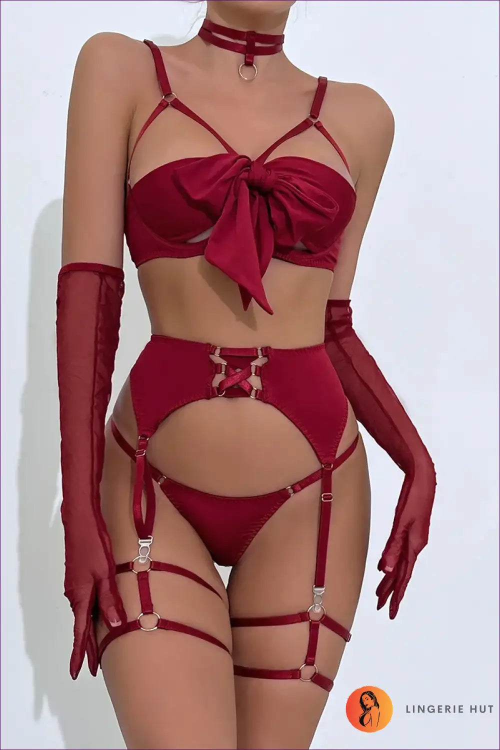 Burgundy Satin Harness Lingerie Set - Strappy Bow Bandeau - Ed50065-2 / s - Boudoir • Date Night • just in • out - Hut