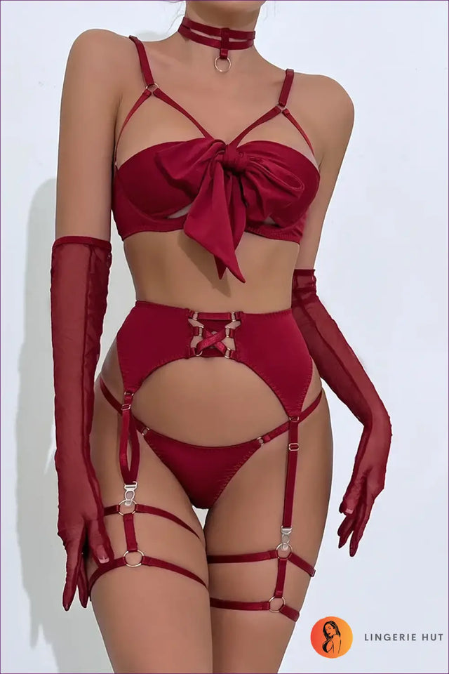 Burgundy Satin Harness Lingerie Set - Strappy Bow Bandeau