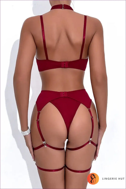 Burgundy Satin Harness Lingerie Set - Strappy Bow Bandeau - Boudoir • Date Night • just in • out - Hut