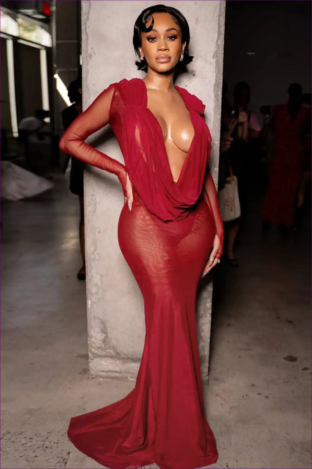 Burgundy Sheer Maxi Dress with Cowl Neck and Train for Autumn, Bodycon, Dress, Dresses, Evening Wear