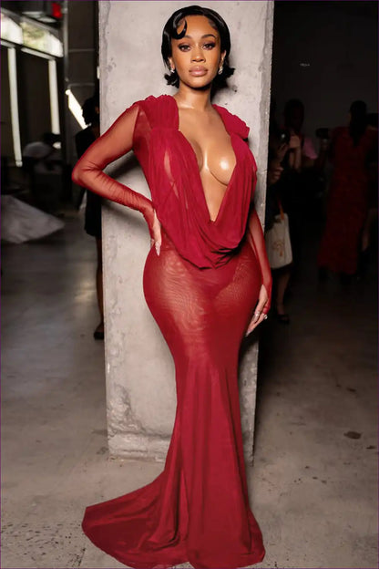 Burgundy Sheer Maxi Dress with Cowl Neck and Train for Autumn, Bodycon, Dress, Dresses, Evening Wear