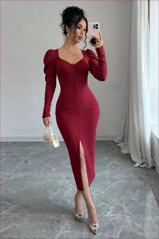 Burgundy Velvet Midi Dress with Ruched Waist and Front Slit for Autumn, Dress, Dresses, Evening Wear, Midi