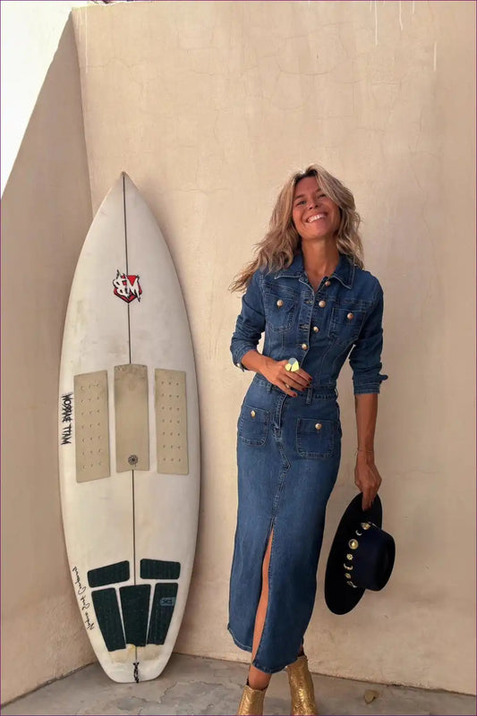 Button-front Denim Midi with Utility Details - Casual Chic for Autumn, Bodycon, Casual, Cotton,