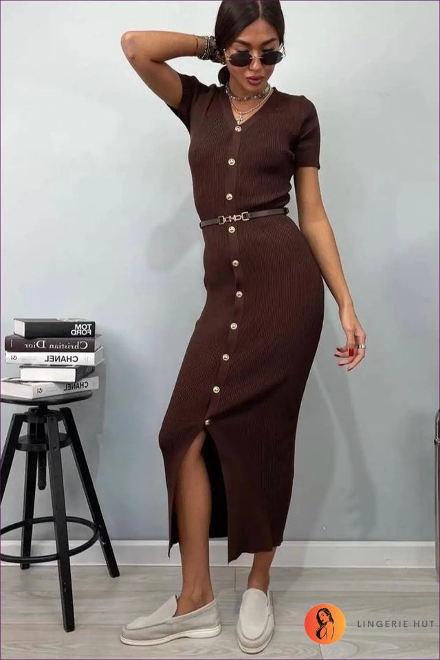 Button Front Knit Maxi Dress with Belted Waist - Retro Elegance