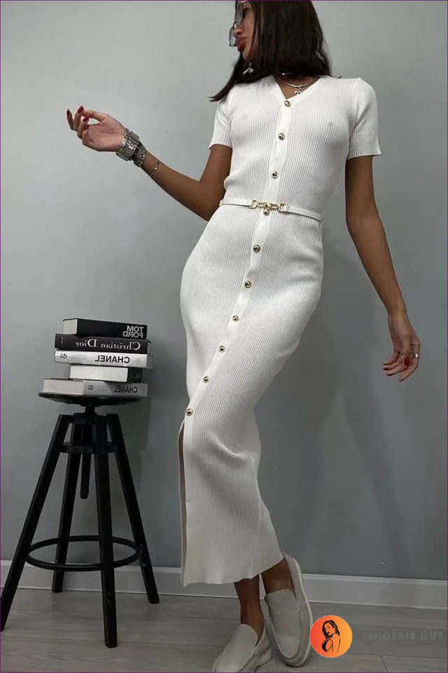 Button Front Knit Maxi Dress with Belted Waist - Retro Elegance