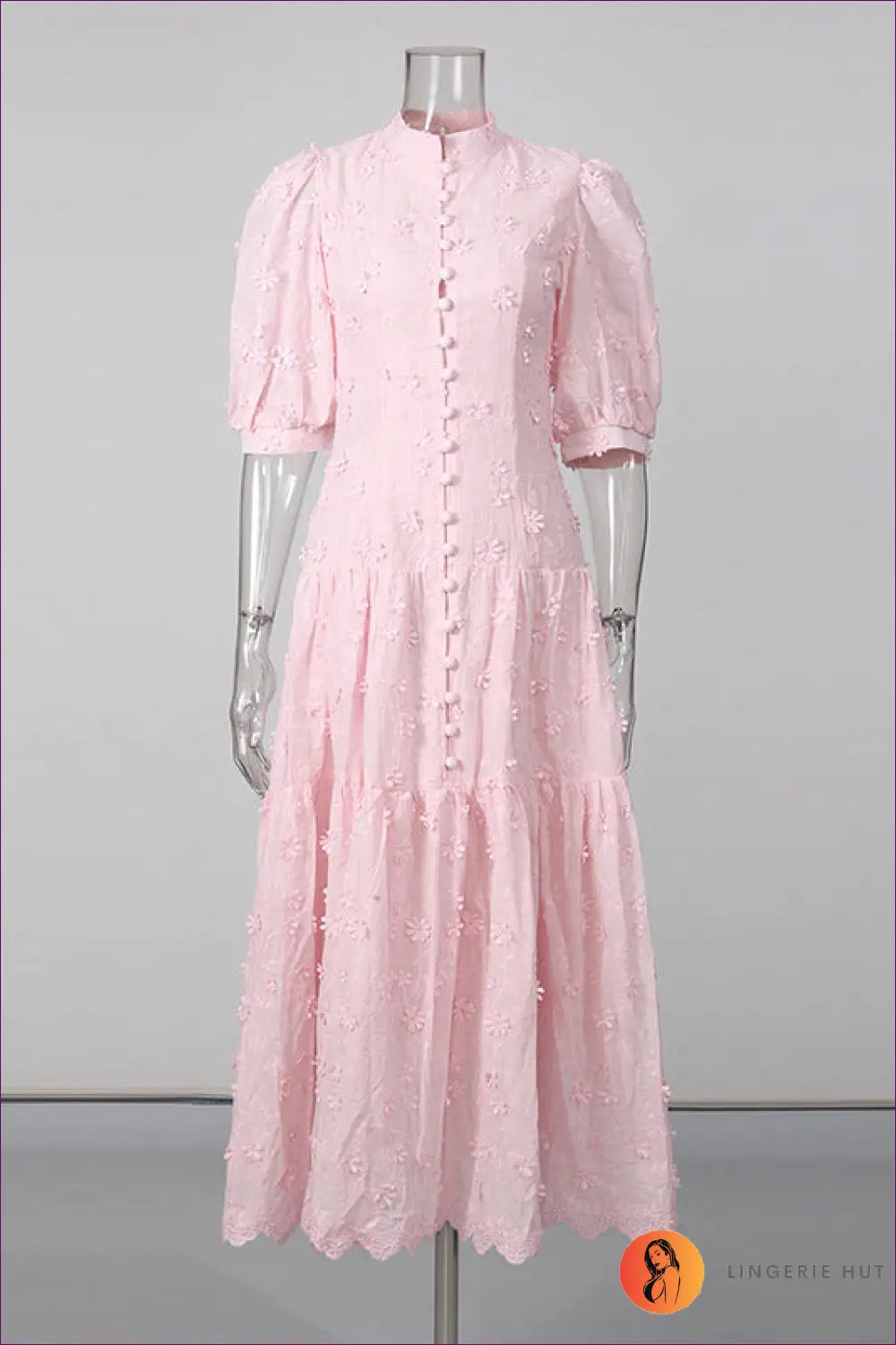 Button-front Midi Dress with Floral Puff Sleeves - Garden Party Charm - s / Pink - Tiered - Casual • Cotton • Dresses