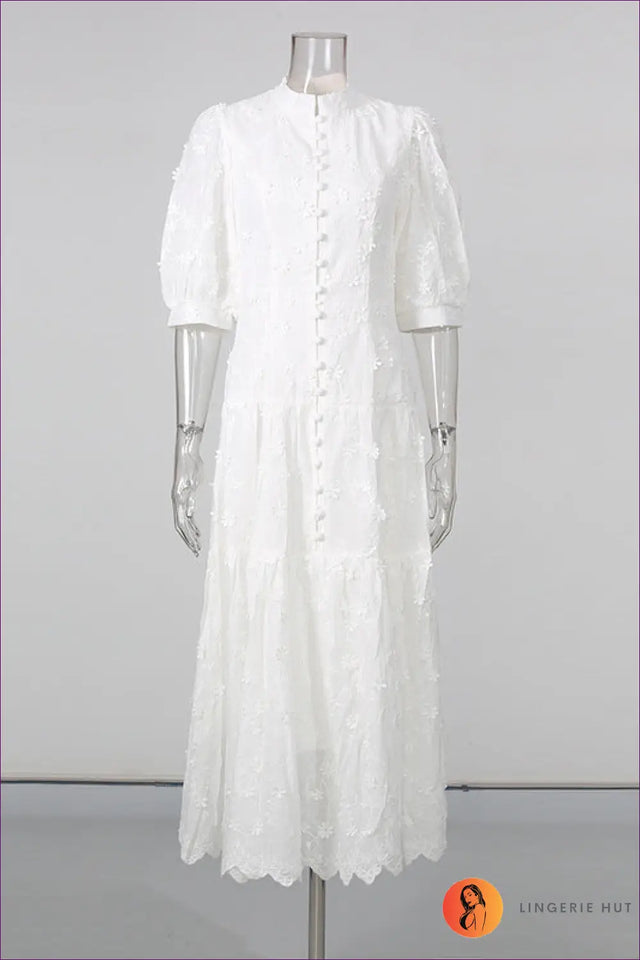 Button-Front Midi Dress with Floral Puff Sleeves - Garden Party Charm