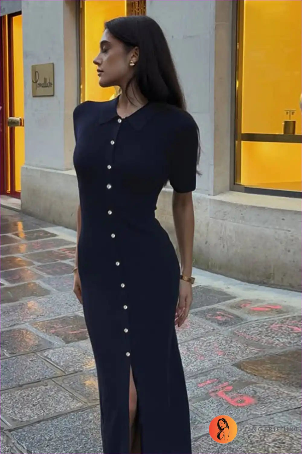 Button Front Polo Knit Dress - Elegant Everyday Midi Style for Autumn, Casual, Dress, Everyday, Jersey