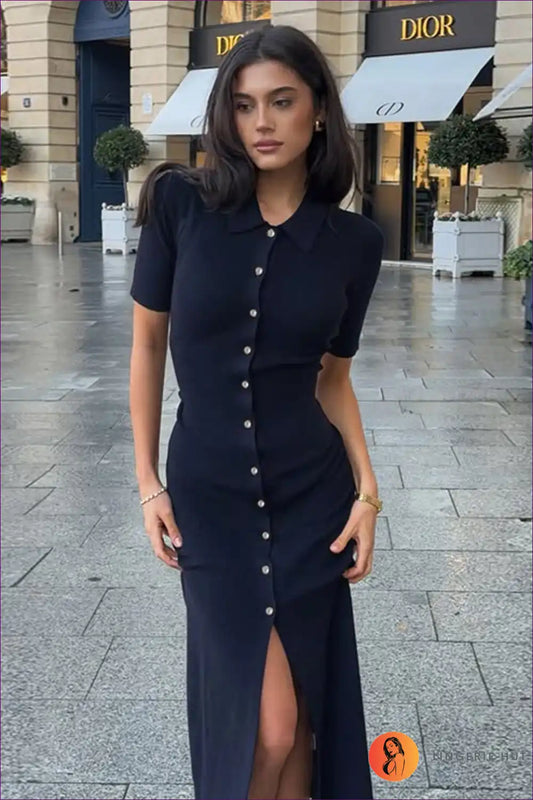 Button Front Polo Knit Dress - Elegant Everyday Midi Style for Autumn, Casual, Dress, Everyday, Jersey