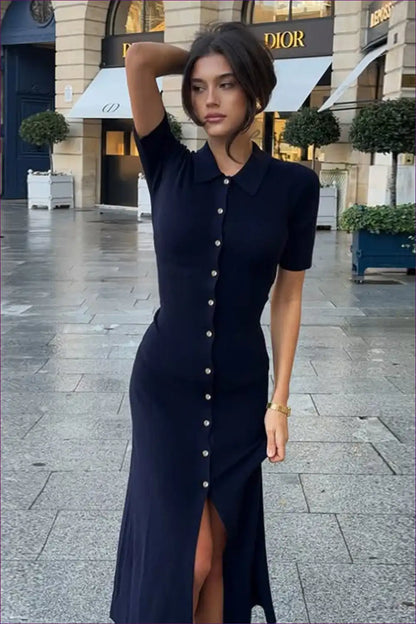 Button Front Polo Knit Dress - Elegant Everyday Midi Style for Autumn, Casual, Dress, Everyday, Jersey