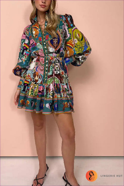 Button-front Printed Mini Dress with Lantern Sleeves - Boho for Boho, Casual, Dress, Dresses,