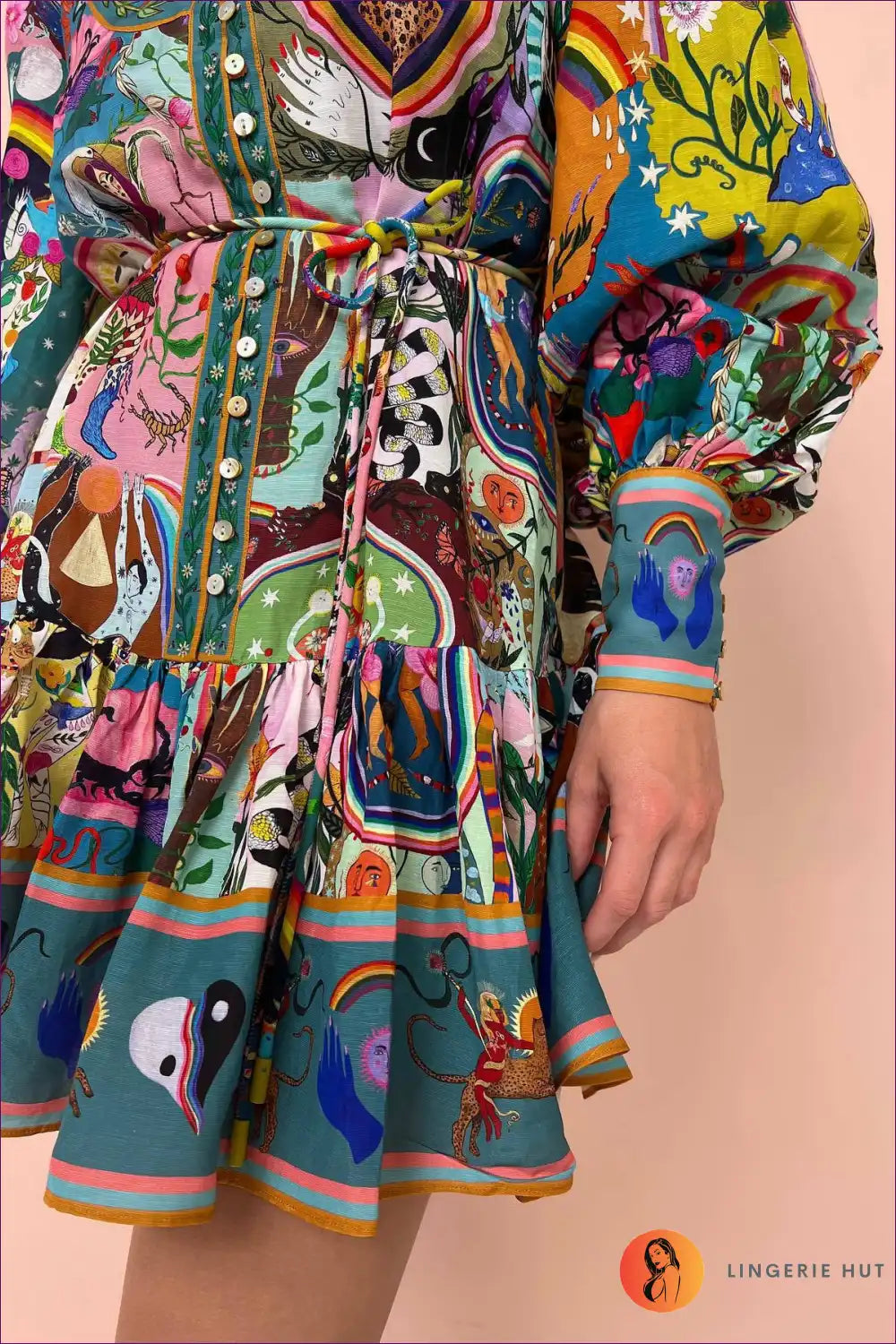 Button-front Printed Mini Dress with Lantern Sleeves - Boho for Boho, Casual, Dress, Dresses,