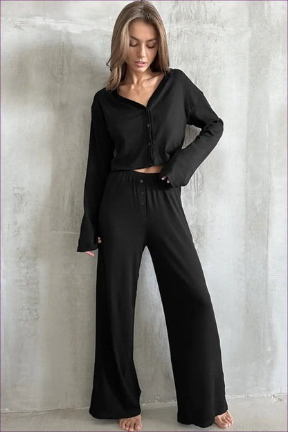 Button Front Pyjama Set - Minimalist Evening Ritual for All Season, Casual, Everyday, just In, Loungewear