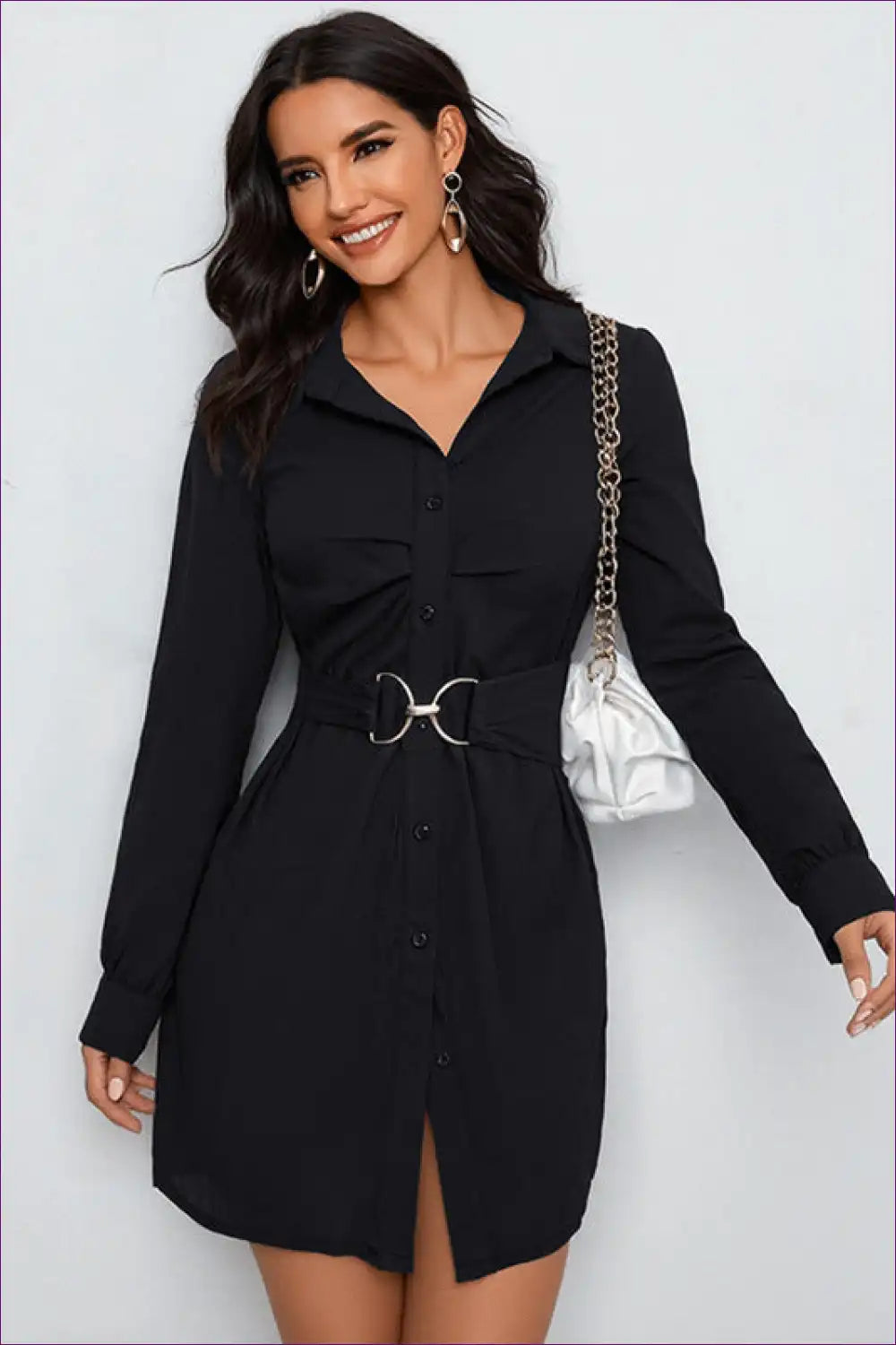 Button-front Shirt Dress with Belt Detail for All Season, Autumn, Casual, Everyday, Formal Wear